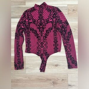 Boutique Bodysuit Pink/Black Flocking Cage Print L